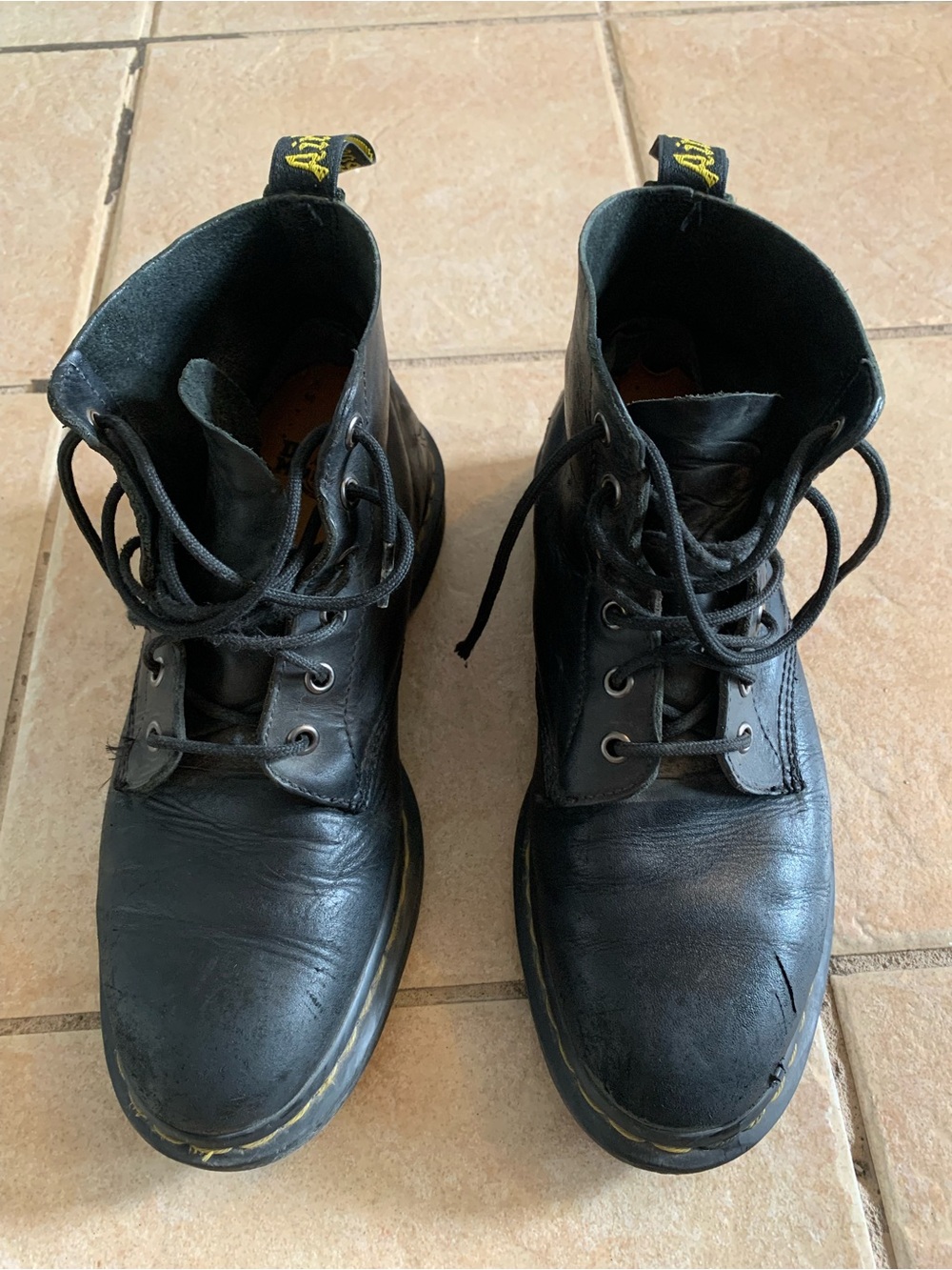 Dr. Martens Classic Black Leather Lace-Up Boots with Yellow Stitching